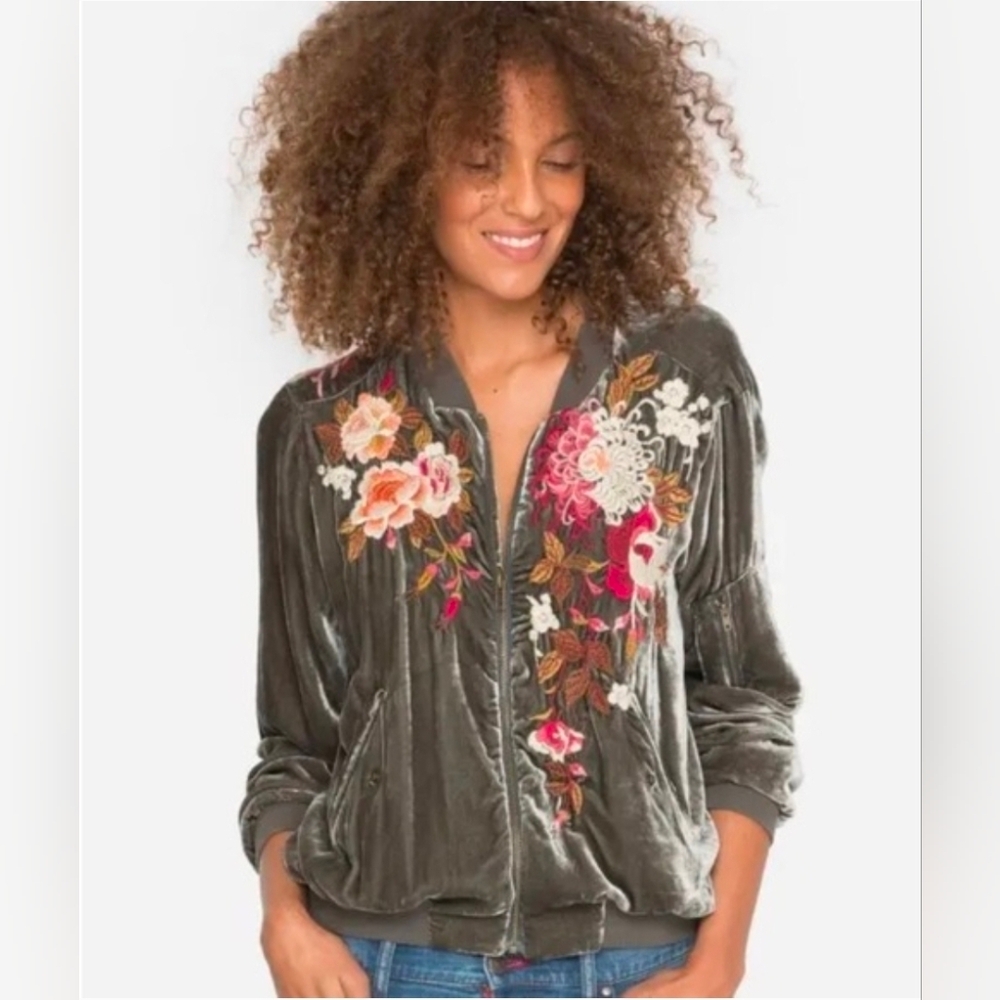 Johnny Was velvet floral silk blend bomber jacket Small s